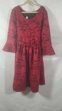 Bonnie Jean Girls Red Floral Lace Dress with Bell Sleeves and Flower Waist Detai